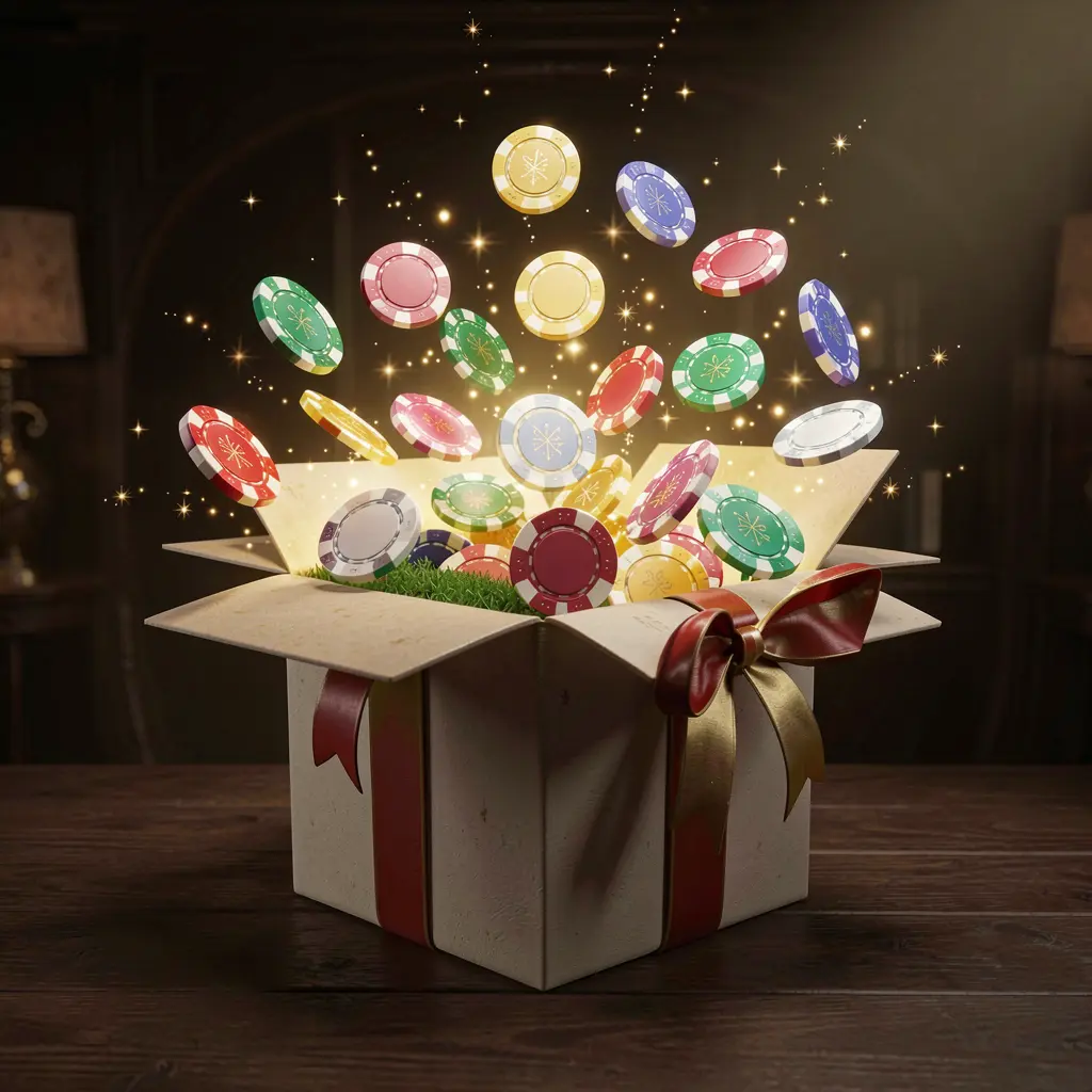 SG 99 no deposit bonus visual featuring free casino chips emerging from a glowing gift box with magical sparkles against a dark premium background in a realistic 3D render