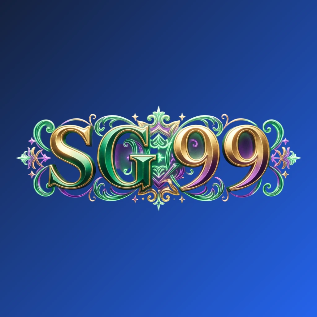 Luxury colorful SG 99 logo with bold serif typography in rich emerald, violet, and gold palette featuring elegant glowing ornaments on a transparent background, designed as a wide horizontal rectangular wordmark logo for a premium brand identity