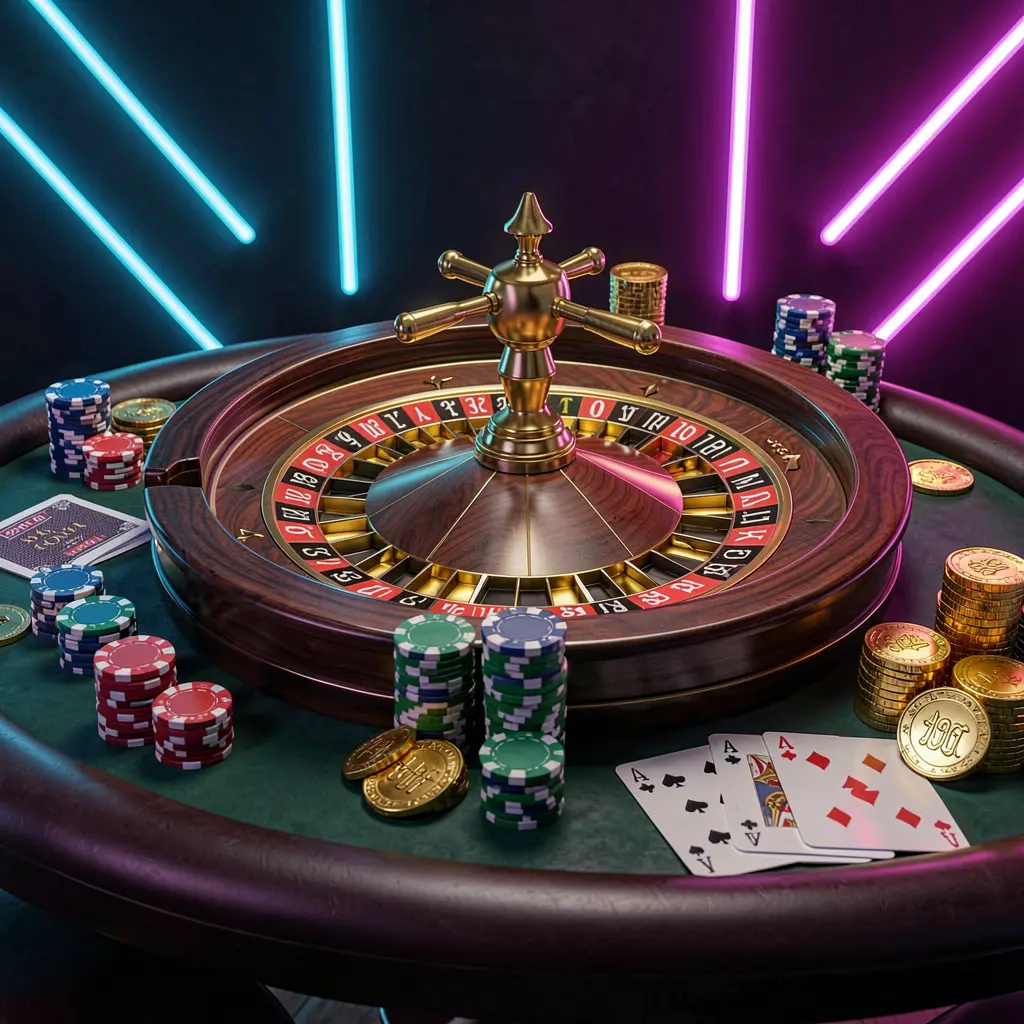 SG 99 online casino homepage hero banner featuring a luxury casino table with a roulette wheel, poker chips, playing cards, and golden coins against a dark premium background with neon glow in a cinematic 3D render